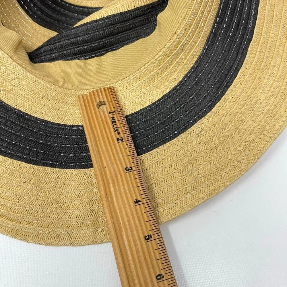 Panama Jack Sun Straw Hat Tan Navy Blue Tassel Floppy Wide Brim Women’s OSFM
